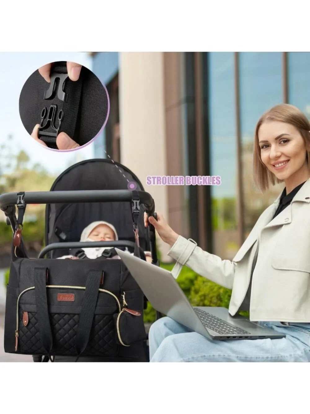 Stylish Large Diaper Bag Tote with Pacifier Case - Multifunctional Baby Caddy